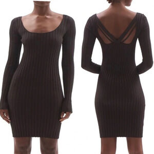 HELMUT LANG Strap Rib-Knit Bodycon Mini Dress Brown Long Sleeve Size M NEW
